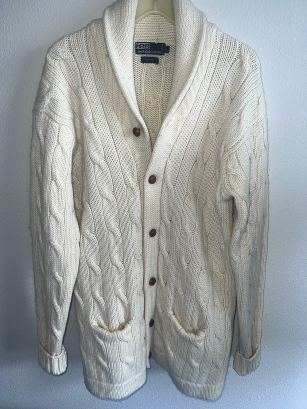 Vintage Ralph Lauren Cream Cable Knit Shawl Collar Cardigan 💯 wool